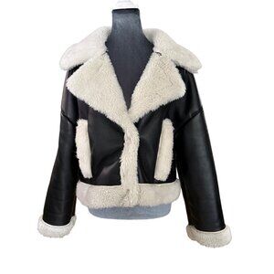 Abercrombie & Fitch Womens Black Vegan Leather Sherpa-Lined Aviator Jacket Size